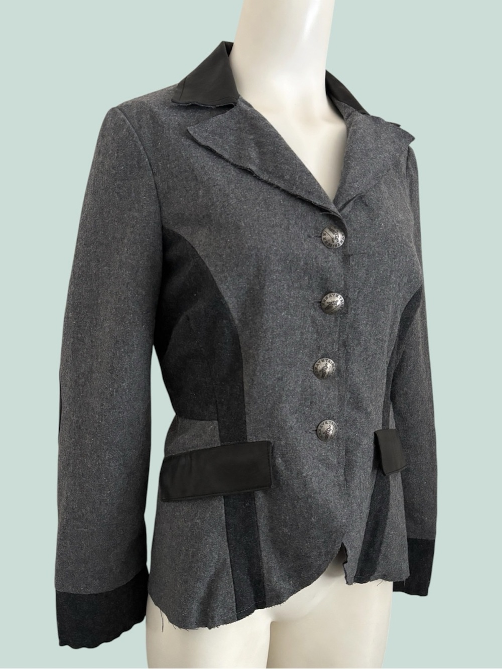 My Tribe Mixed Media Wool Leather Fitted Equestrian Jacket Sz S Charcoal Black